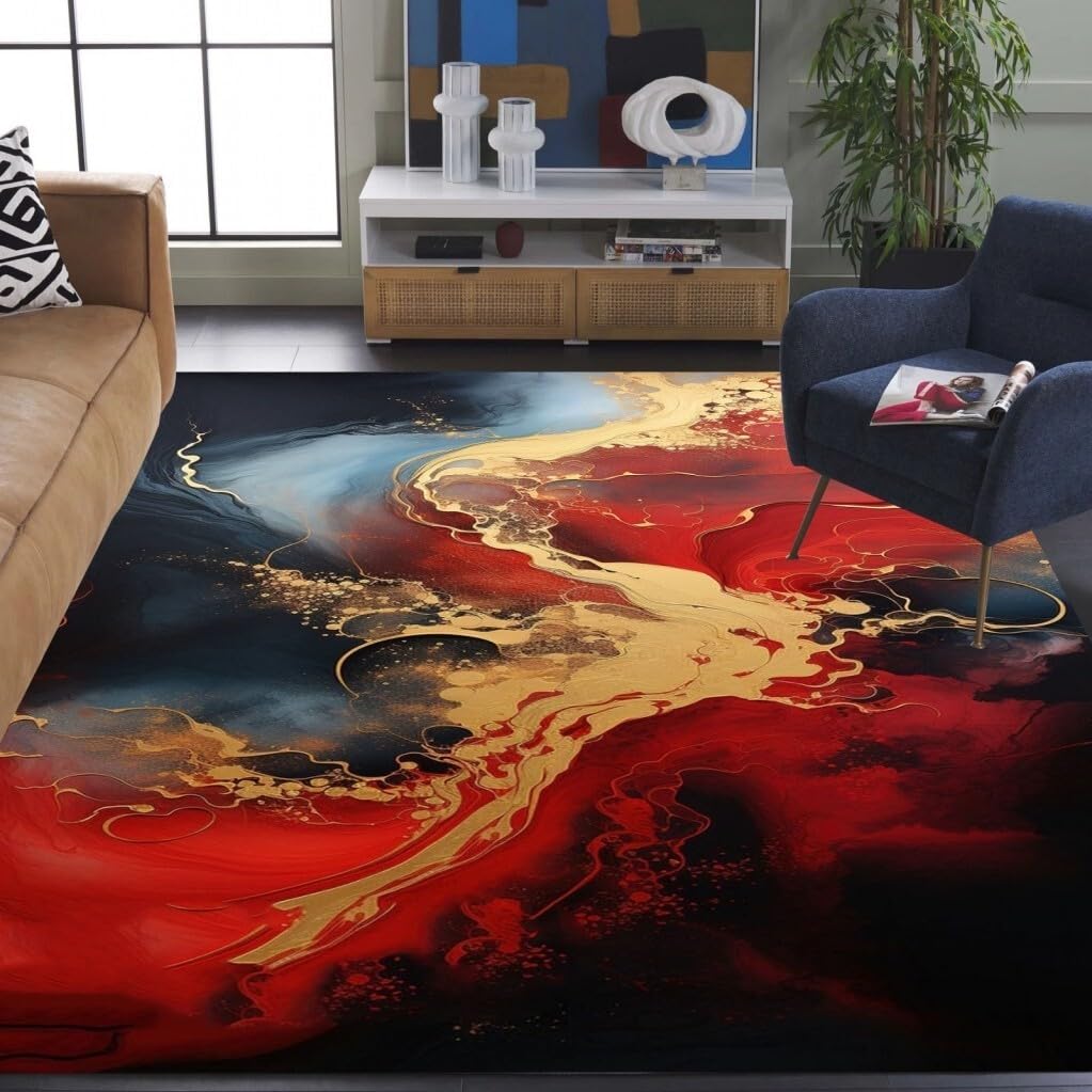 Red Navy Gold Marble Swirl Modern Abstract Soft Wool Area Rug 3x5 Non Shedding Luxury Aesthetic Living Room Bedroom Guestroom Rug Washable No Slip Diningroom Office Dorm Kitchen Floor Carpet