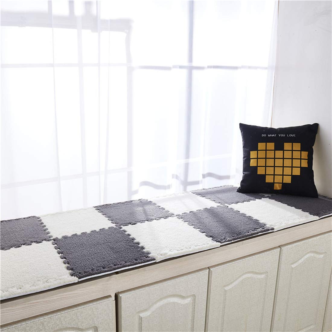 Smabee Interlocking Carpet Shaggy Soft EVA Foam Mats Fluffy Area Rugs Protective Floor Tiles Exercise Play Mat for Children Kids Room Home Parlor Bedroom (6 pcs White + 6pcs Gray)