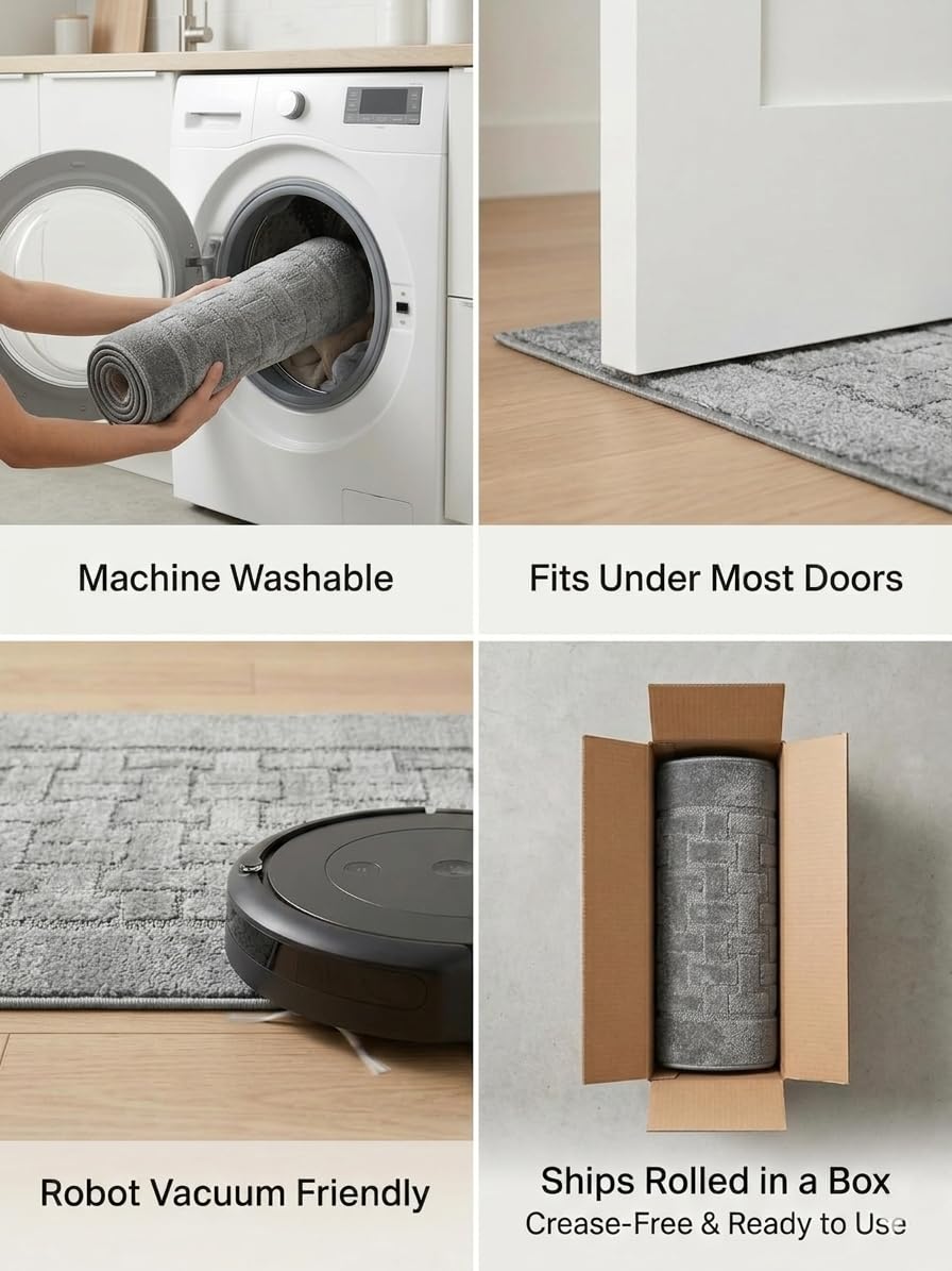 Runner Rug 15 ft, Non-Slip Washable Rug, Grey Textured Carpet for Kitchen Hallway Entryway, Rubber Backing, Indoor, Rolled in Box (26" x 15'), Custom Length Floor Runner