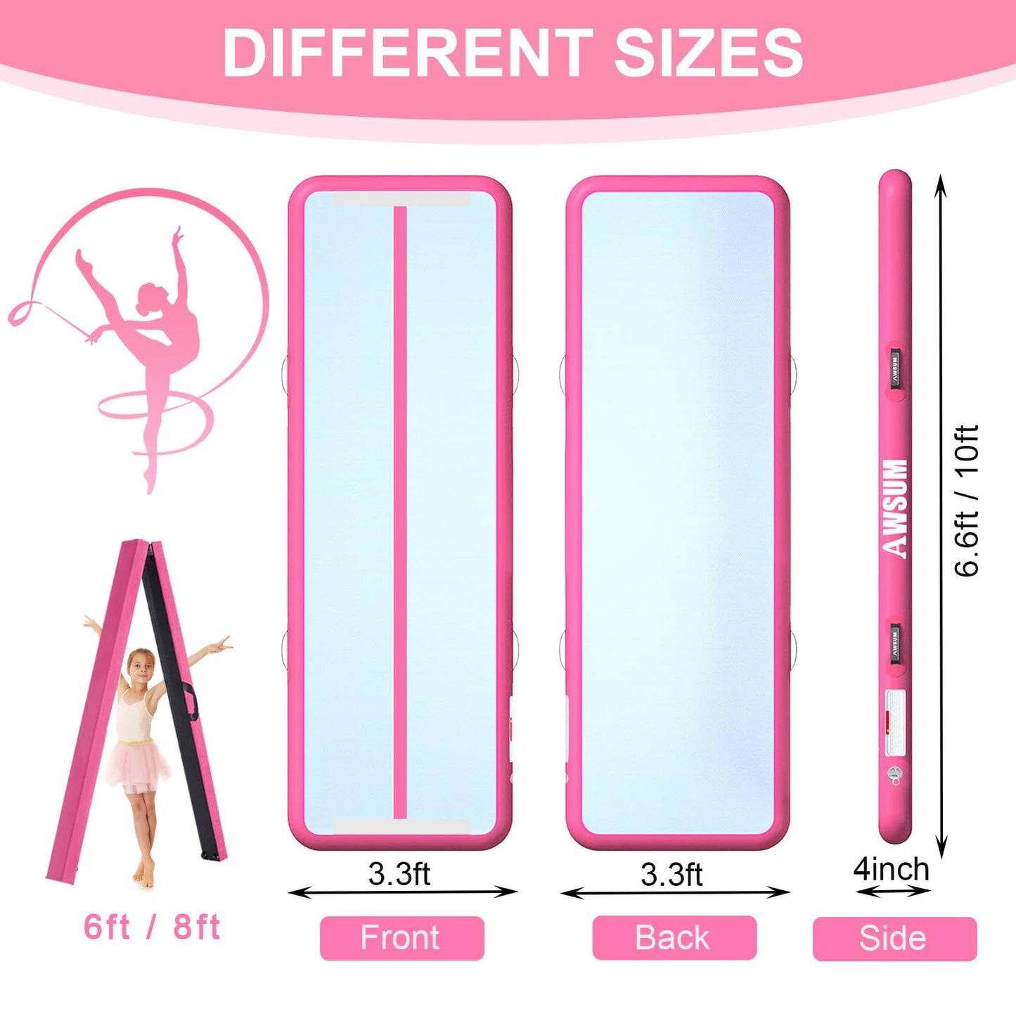 AWSUM Air Gymnastics Mat with Balance Beam 6.6ft inflatable Tumbling Mat Foldable Anti-Slip Beam Gym Equipment for Kids with Electric Pump