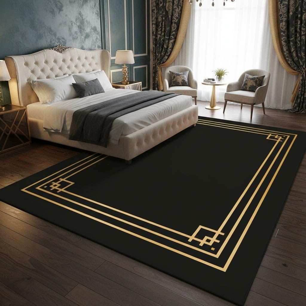 Minimalist Black Gold Lines Border Geometric Print Rug Contemporary Aesthetic Art Deco Area Rug for Living Room Diningroom Guestroom Large Washable Soft Faux Wool Carpet Lux Indoor Floor Mat 3x5