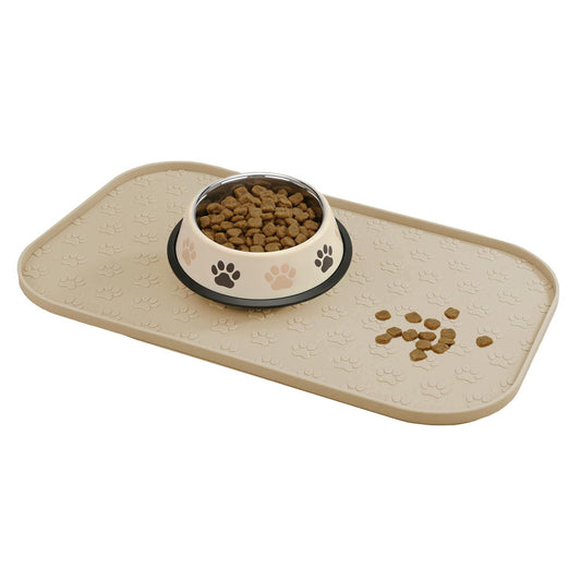 WLDJMP Pet Food Mat with Raised Sides, Silicone, Gray, 17.3x10.6 Inches, Dog Paw Pattern, Floor Protection for Cats (Khaki, 44x27cm)