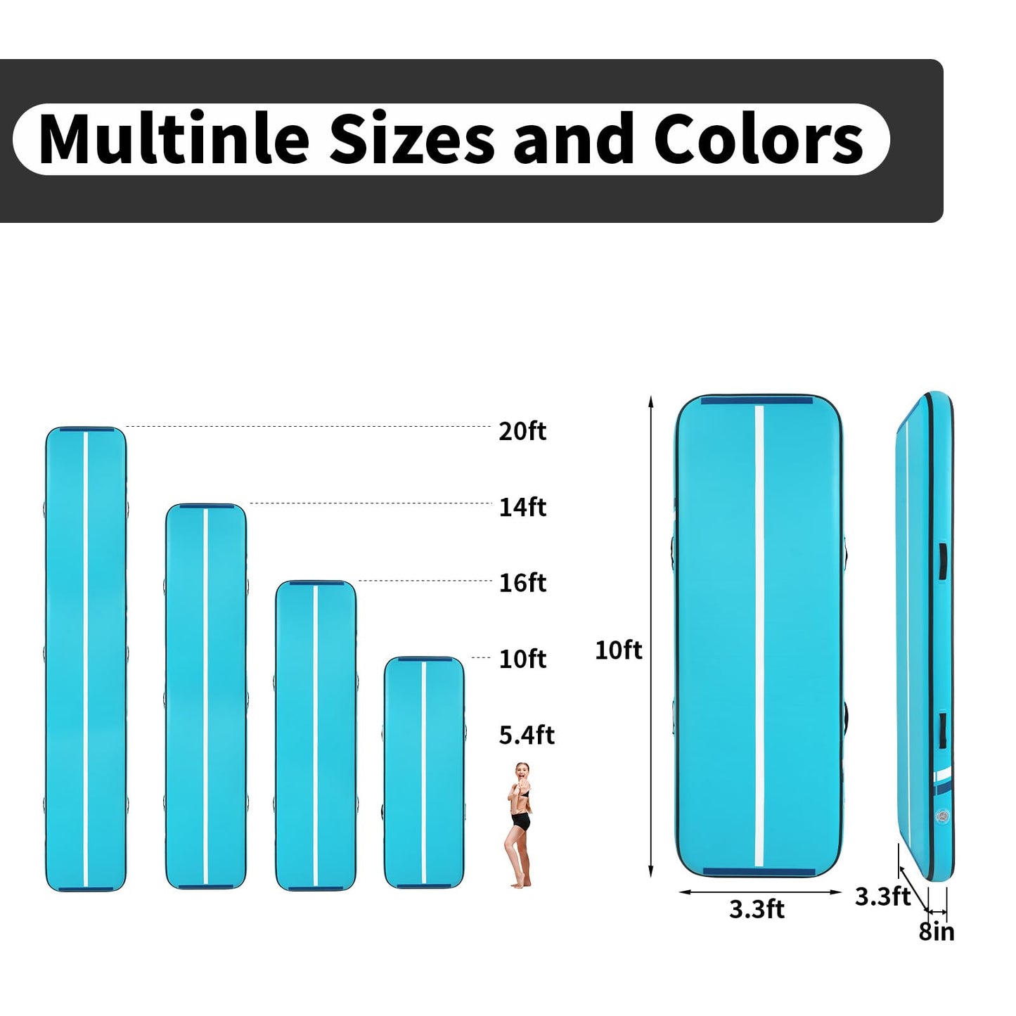 Inflatable Gymnastics Mat Tumble Track (8 Inches Thick) - 10ft Air Floor Training Mats for Home Use, Cheerleading, Water Fun & Camping - Includes 500W Electric Pump & Carbon Pattern Design, Blue