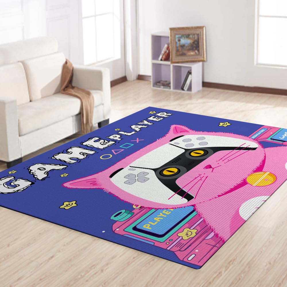 Cartoon Cat Gamepad Area Rugs for Kids Room Boys Girls, Gaming Room Carpet Rug Mat for Children's Bedroom Home Decor, Cute Large Play Rugs for Playroom Kidroom, 59"*39"