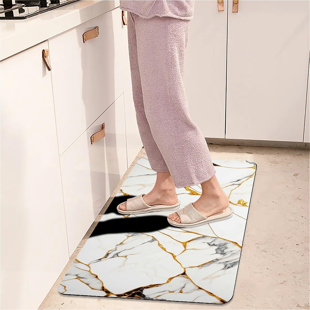 ZHUZHISHAN Bath Mat Rug,White Marble with Golden Non Slip Quick Dry Super Absorbent Thin Bathroom Rugs Fit Under Door-Easy to Clean Bathroom Floor Mats-Shower Rug for Shower Sink Bathtub(16" x 24"in)