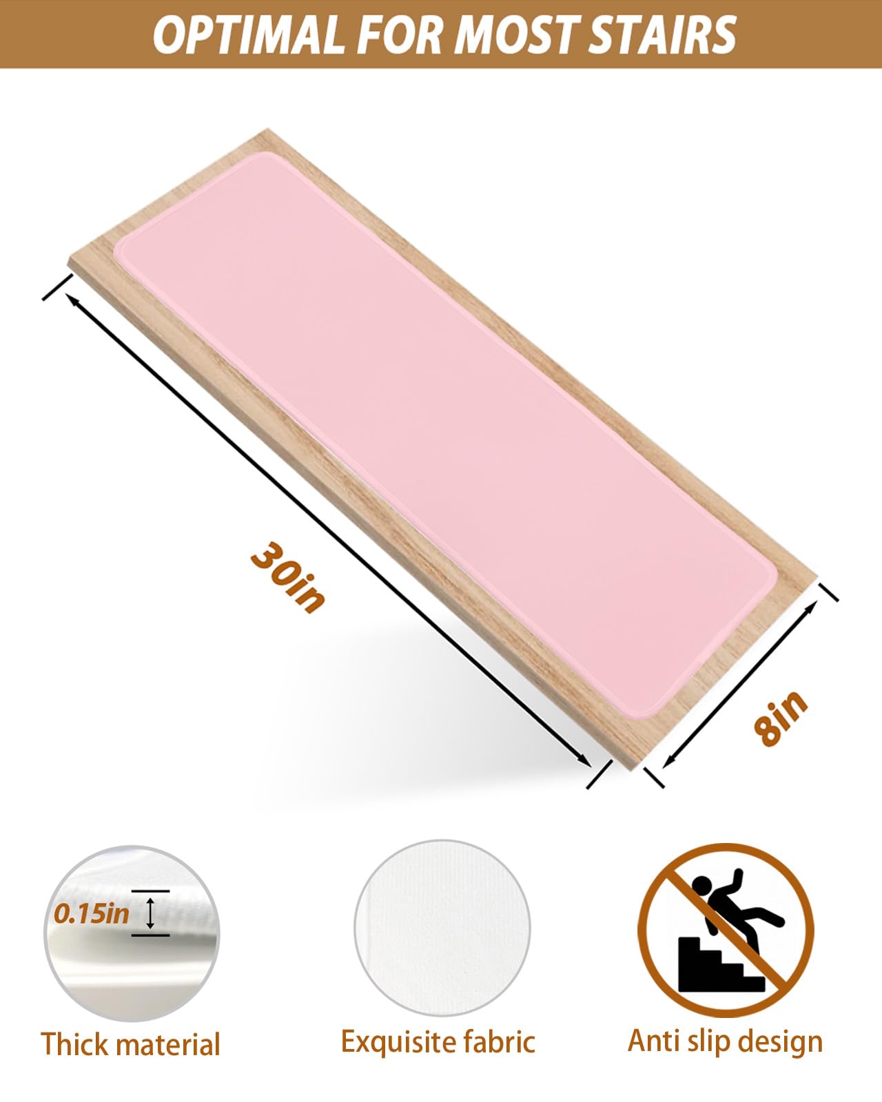 Light Pink Stair Treads for Wooden Steps Indoor, Non-Slip Stair Treads Carpet Peel & Stick Self-Adhesive Staircase Step Treads Runner Mat 7 Pack 8x30 Pure Pink Solid Color Simple Minimalism Art
