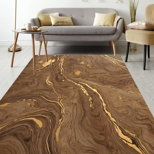 Brown Gold Marble Pattern Modern Abstract Washable Soft Livingroom Bedroom Area Rug 2x3 Unique Stylish Home Office Diningroom Indoor Floor Carpet Kitchen Nurery Dorm Bathroom Rug Runners