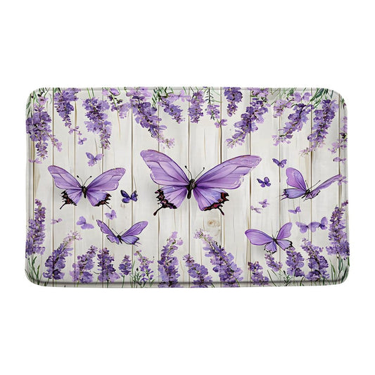 Lavender Butterfly Bath Mat Purple Flower Rustic Flowers Spring Violet Floral Watercolor Farmhouse Wooden Plank Women Bathroom Rugs Indoor Carpet Bathtub Rug 17.7 x 29.5 Inch