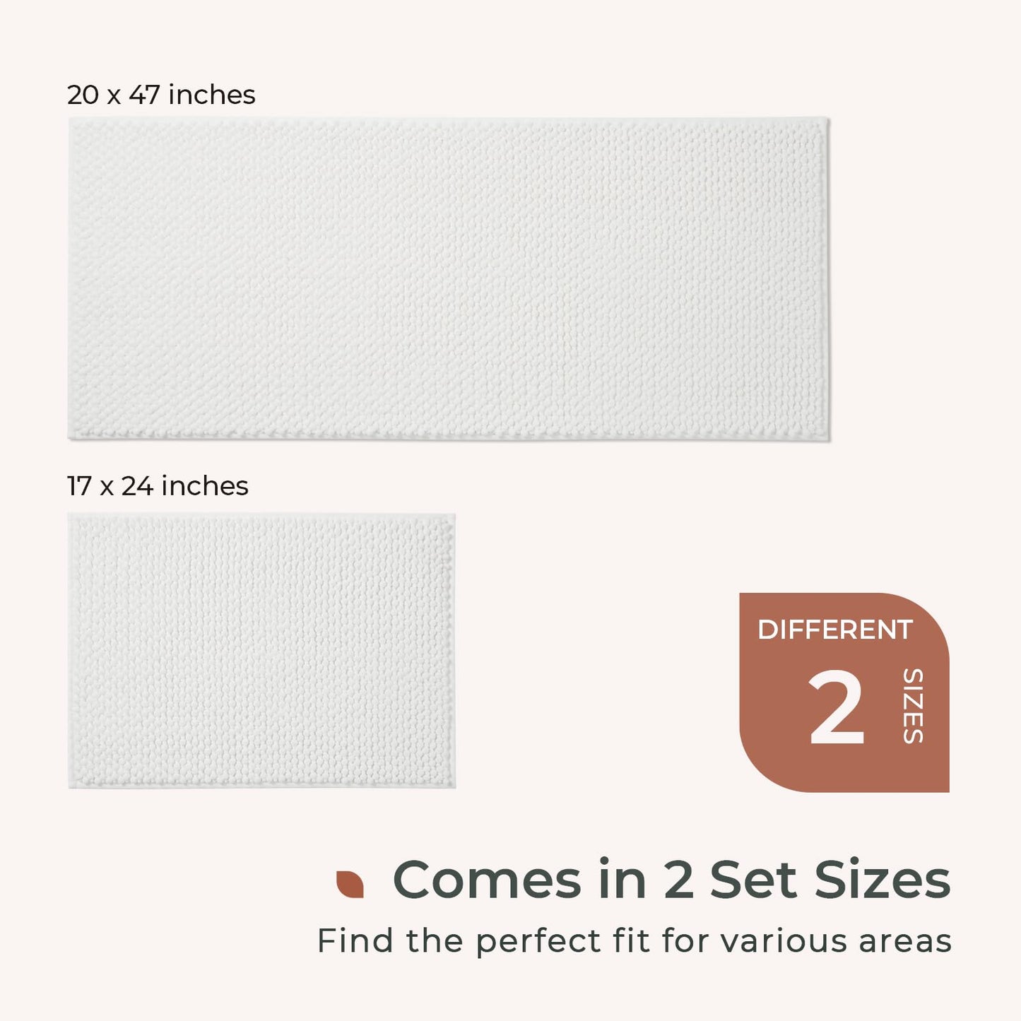 FRESHMINT Chenille Bathroom Rugs Sets 2 Piece 17"x24"+20"x47", Non-Slip Bath Mats Set for Bathroom, Absorbent Bath Rug, Washable Set of 2 Shower Floor Mat Runner, White