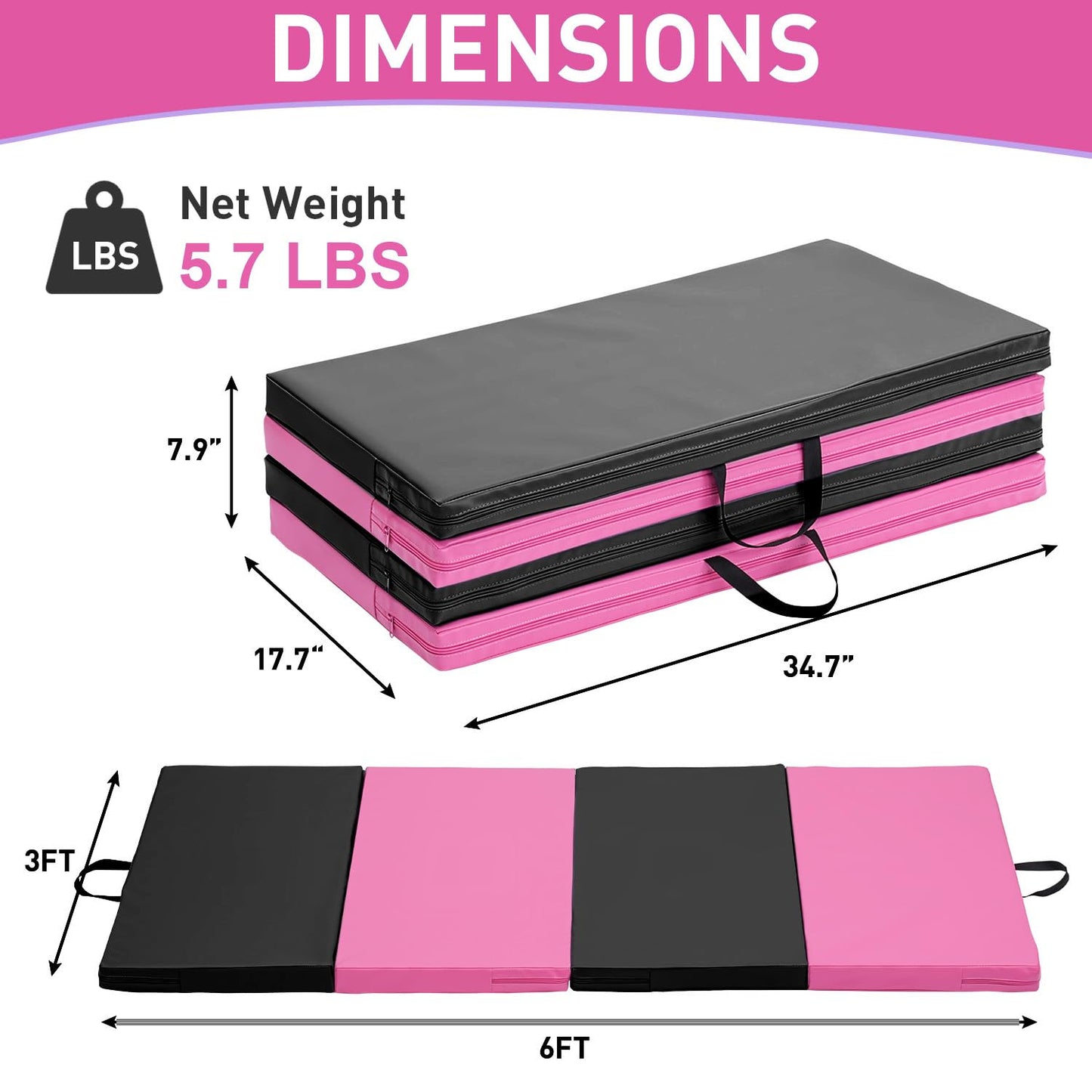 Oneofics Gymnastics Mat, 3'x6'x2'' Thick 4-Panel Folding Kids' Gymnastic Tumbling Mat for Home Gym Exercise & Play
