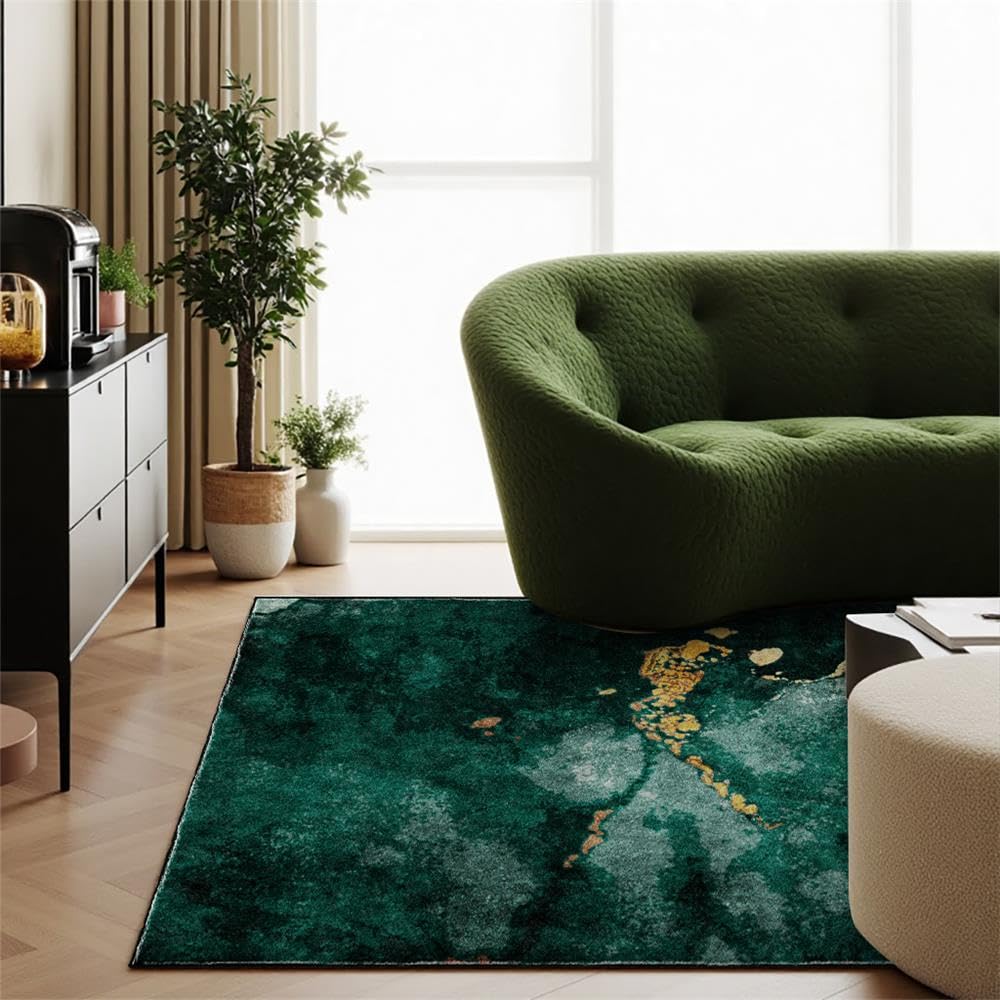 RTYYJDE Washable Living Room Marble Rug Emerald Green Abstract Area Rugs for Dining Room Bedroom Office Study Room Sofa Non Skid Indoor Decorative Modern Floor Mats
