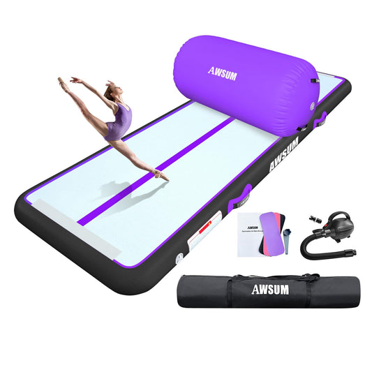 AWSUM Gymnastics Air Mat with Air Roller 4inches Thickness Inflatable Tumbling Mats Purple Gymnastics Barrel with Electric Pump for Home/Gym Use 10ft