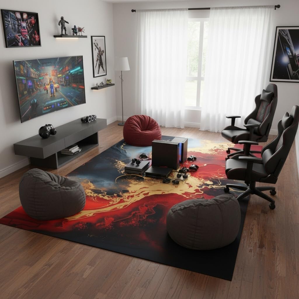 Red Navy Gold Marble Swirl Modern Abstract Soft Wool Area Rug 3x5 Non Shedding Luxury Aesthetic Living Room Bedroom Guestroom Rug Washable No Slip Diningroom Office Dorm Kitchen Floor Carpet