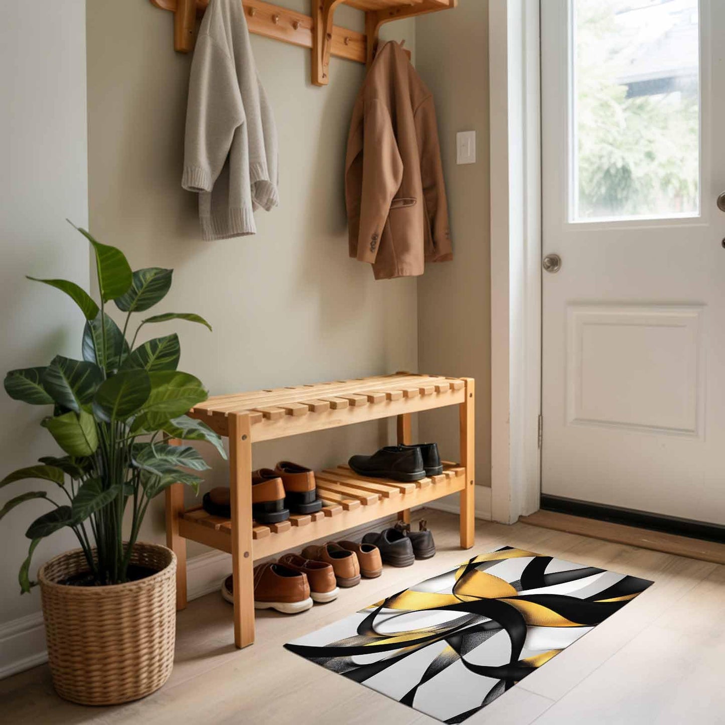 Door Mat, Modern Geometric Stripe Texture Front Door Mat Welcome Mats, Low-Profile Doormat for Bedroom Living Room, Abstract Gold Black White Line Absorbent Non-Slip Entryway Rug Floor Mats 16x24in