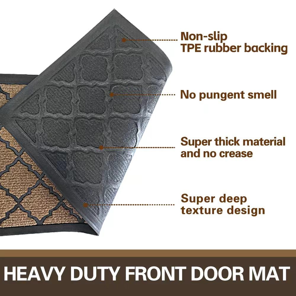 Qingbei Rina Outdoor Door Mat for Front Door- Dirt Trapping Welcome Door Mats - Non-Slip Outdoor Indoor Entrance - Low Profile Front Doormat (28" x 16", Bright Brown)