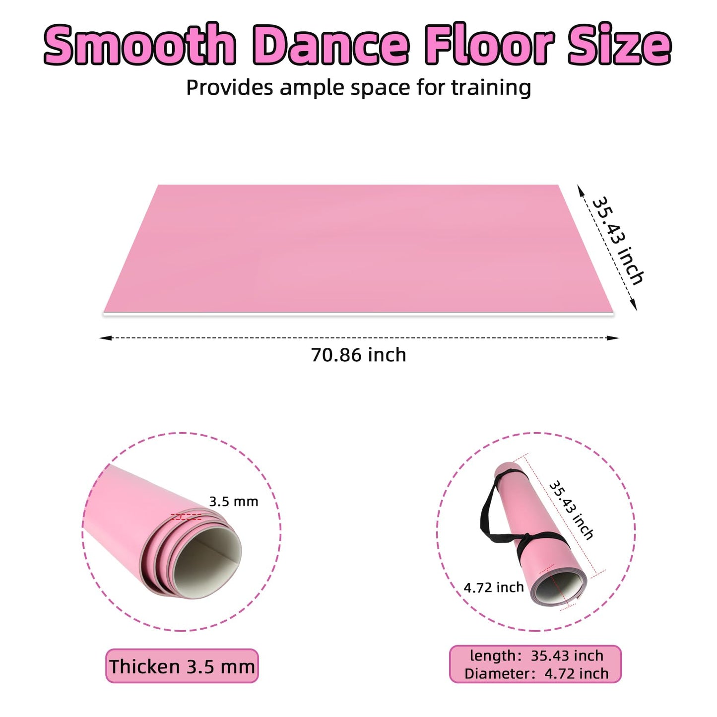 NZELSW Dance Floor Mat Non-Slip with Shoulder Strap Portable and Dance Resistance Band, Dance Floor for Ballet,Jazz, Pop Thick PVC Practice Floor Reusable Mat (Pink, 180cm*90cm*0.35cm)