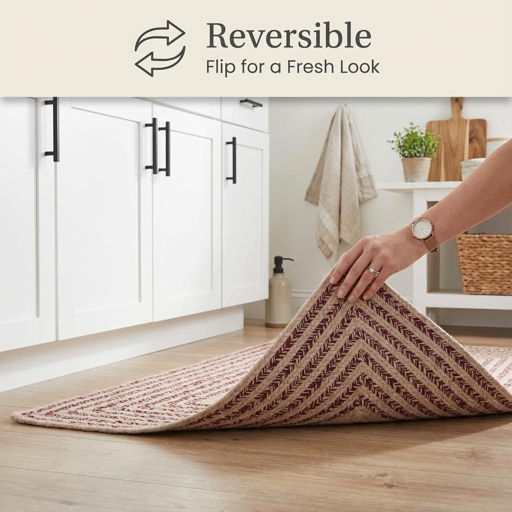 Cotton Braided Rug - 3' X 5' Beige and Burgundy Rectangle Woven Farmhouse Rug for Kitchen - Braided Minimalist Rugs for Entryway - Rustic Primitive Rugs for Bedside