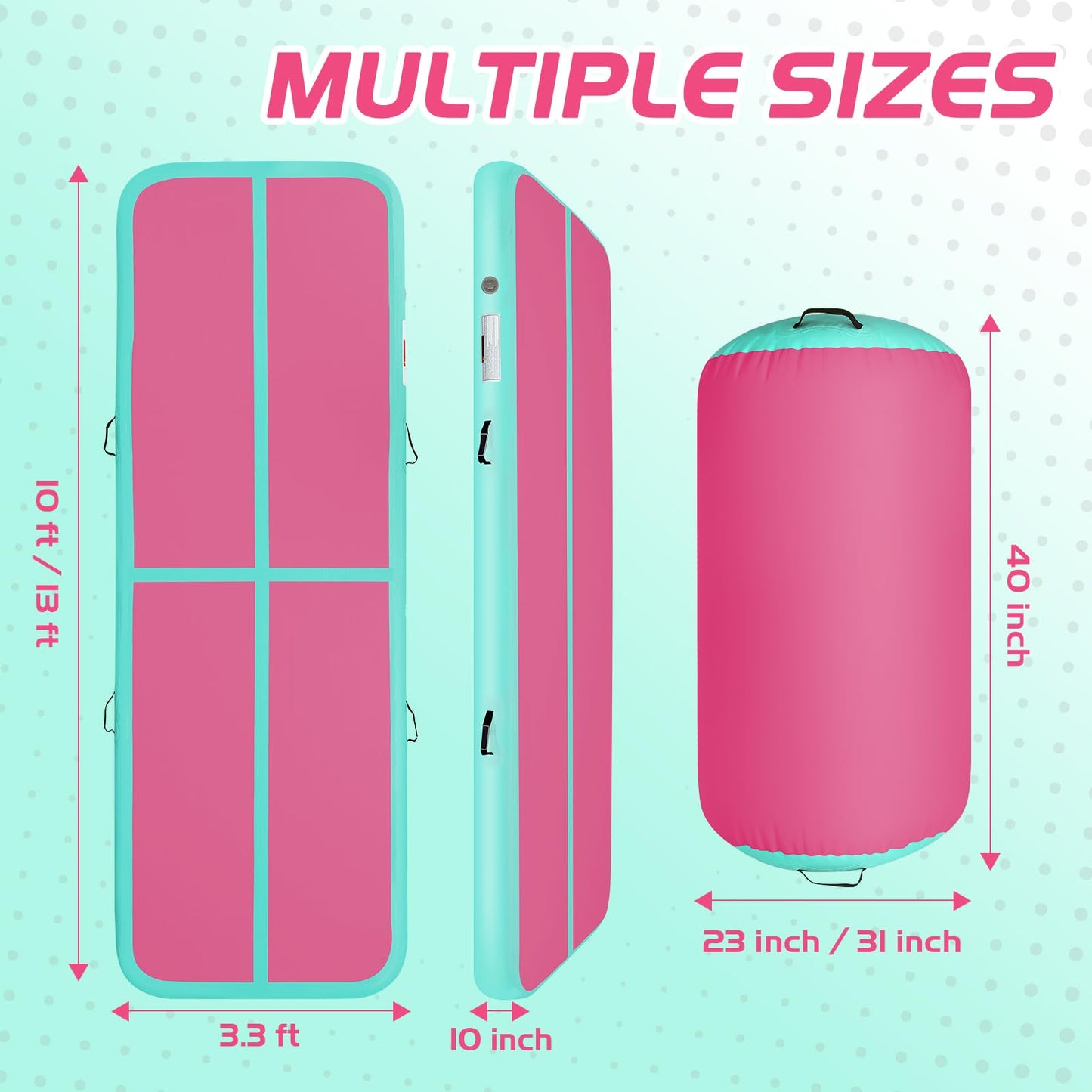 KIKILIVE Inflatable Gymnastics Tumble Mat 10ft and Air Roller 40x23inch Pink Green, Air Mat Track 4 inches Thickness and Air Roller Gymnastics Barrel with Electric Air Pump for Home Use Outdoor Training Cheerleading Beach Park