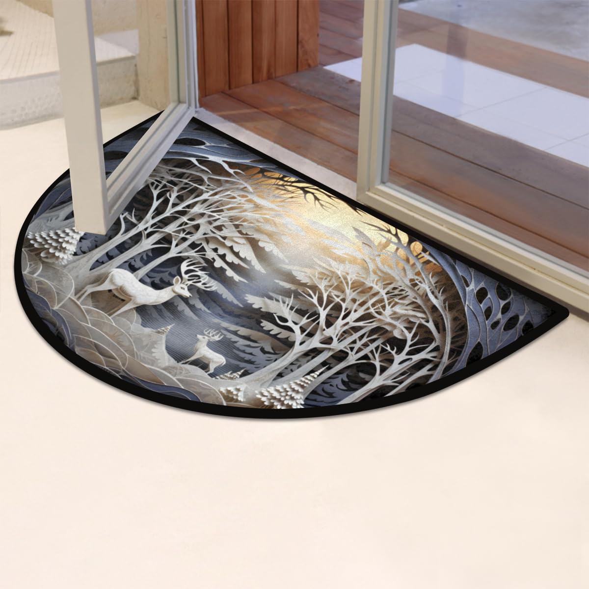 cfpolar Christmas Winter Scene Reindeer Half Round Door Mat Indoor Entrance Half Circle Area Rug Semi Circular Door Mat Half Moon Rug for Floor Bathroom Living Room Bedroom Kitchen Fireplace 24"x36"