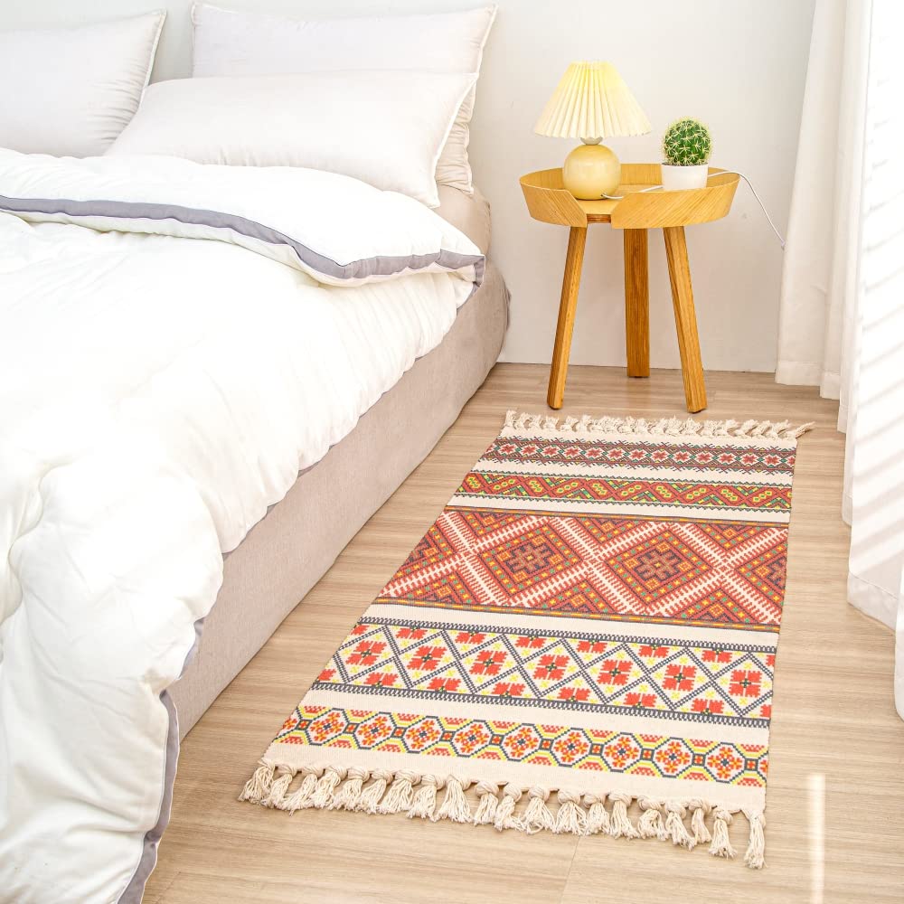 aoaoaoway Cotton Rug Soft and Handwoven Fringe Rectangular Cotton Rug Tapestry Boho Kitchen, Living Room (Orange, 51.2 * 23.6)