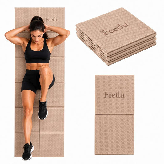 Feetlu Foldable Yoga Mat, 6mm Thick, 72L x 24W Inch, Lightweight, Anti-Slip, and Easy to Store – Perfect for Travel, Yoga, Pilates, Home Workouts, and Floor Exercises (Khaki)