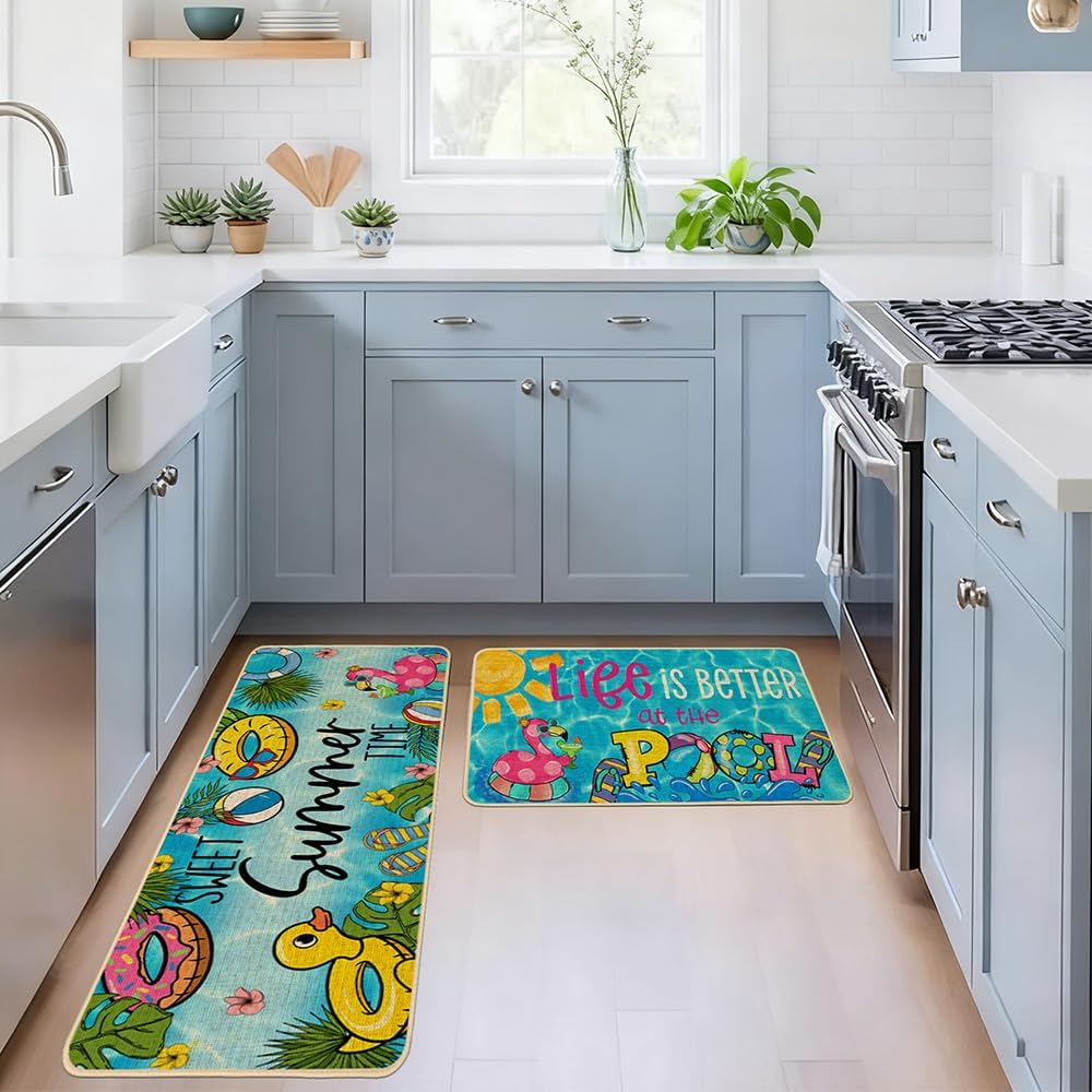 Baccessor Summer Pool Kitchen Rugs Set of 2, Poolside Tropical Flamingo Kitchen Mats Non-Slip Low Profile Seasonal for Floor Hallway Laundry Sink Patio Porch Home Decor 17x29 and 17x47 Inch