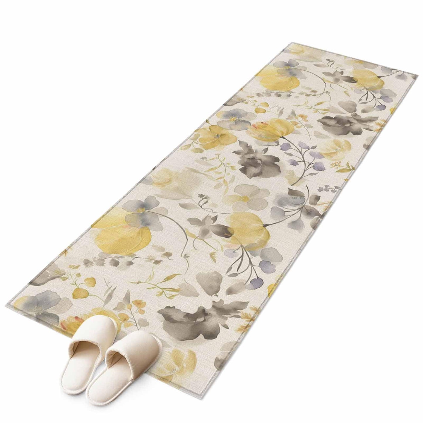 Yellow Gray Floral Runner Rug 2x6 Washable Kitchen Rug Non-Slip Lightweight Thin Soft Bathroom Runner Botanical Watercolor Plants Flowers Texture Beige Carpet for Hallway Laundry Room Bedroom Entryway
