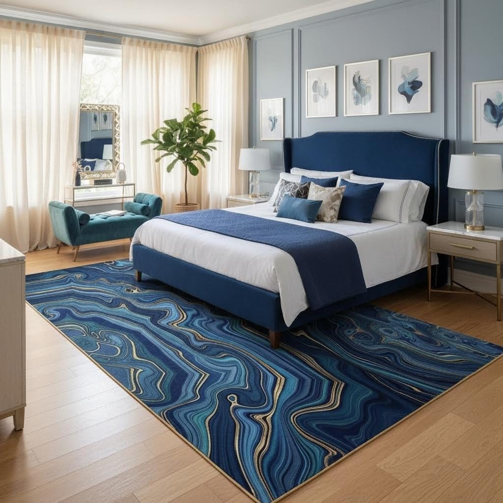 Marble Liquid Swirl Blue Gold Stripe Area Rug 7x10 Contemporary Abstract Art Decor Rug for Living Room Dining Room Playroom Soft Washable Carpet Luxury Chic Home Office Entryway Floor Rug Runner Mat