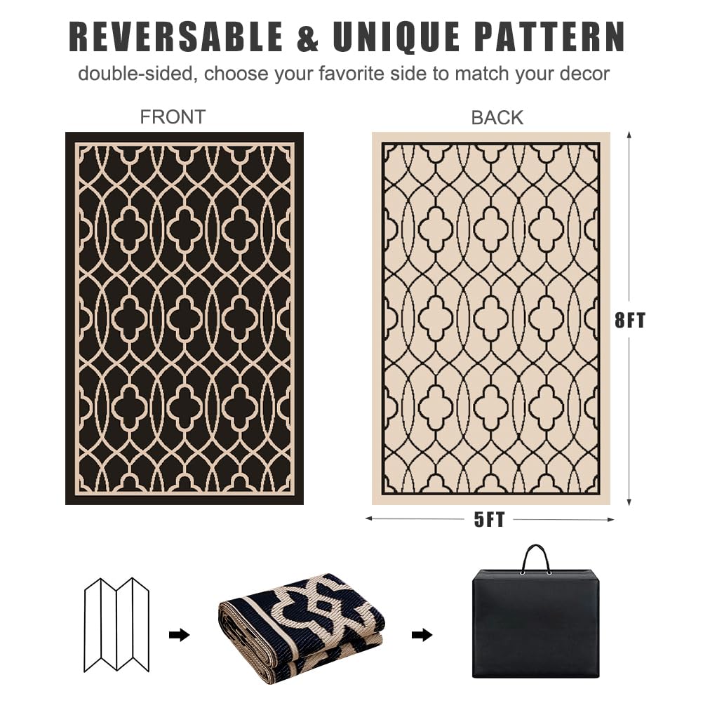 Pendolr 5’x8’ Outdoor Rug Waterproof Carpet Patio Rug Outdoor Plastic Straw Rugs Camping Rug Reversible Outside Outdoor Area Rug for Balcony Deck Backyard RV Picnic Beach Black&Beige 01#