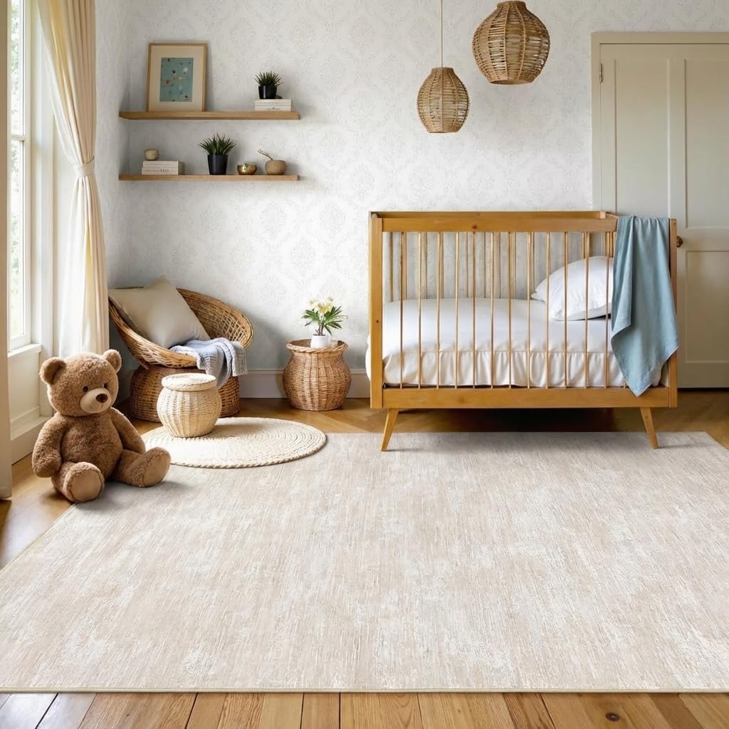 GarveeHome Bedroom Rugs 5x7 Solid Color Machine Washable Area Rugs for Living Room, Non Slip Non Shedding Modern Farmhouse Carpet Stain Resistant Low Pile Mats for Entryway Nursery Dining Room, Beige