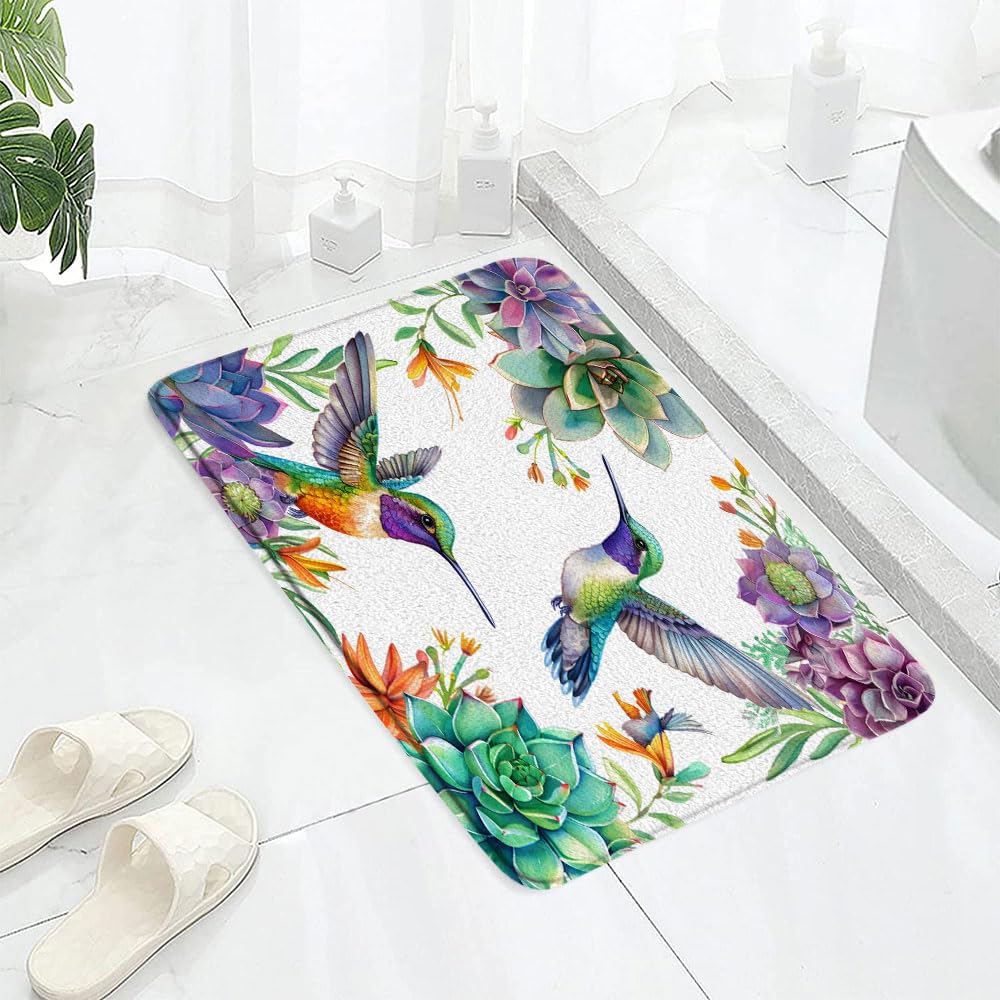 JONSEQIN Hummingbird Floral Bath Mat Rustic Flowers Green Cactus Succulent Farmhouse Plants Leaves Animals Birds Greenhouse Leaf Memory Foam Bathroom Kitchen Toilet Decor Floor Rugs 15.7Wx23.6H