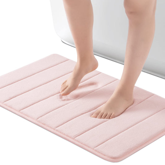 ROSMARUS Memory Foam Bath Mat 17” x 24”, Water Absorbent Bath Mats for Bathroom, Non Slip Washable Bathroom Rugs for Shower, Ultra Soft Bathroom Mats for Floor & Tub, Pink