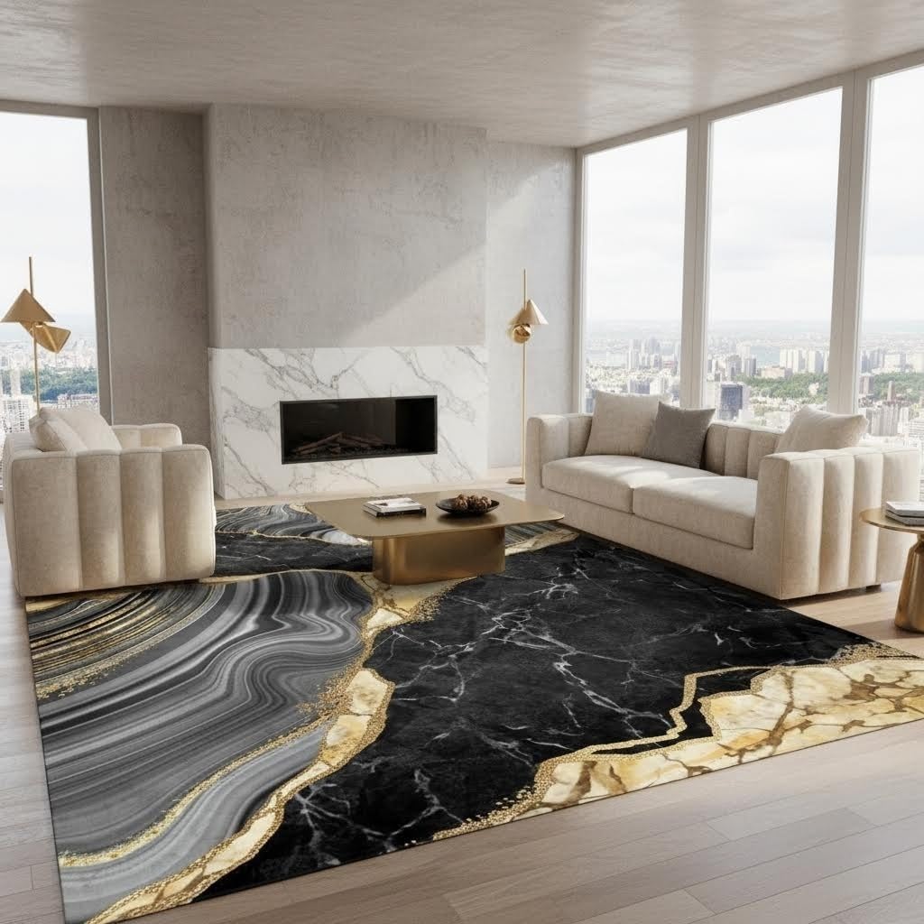 Black Gray Gold Cracked Marble Texture Area Rug 5x7 Modern Abstract Aesthetic Art Deco Machine Washable Rugs for Living Room Bedroom Guestroom Luxury Home Office Meetingroom Indoor Carpet Floor Mat