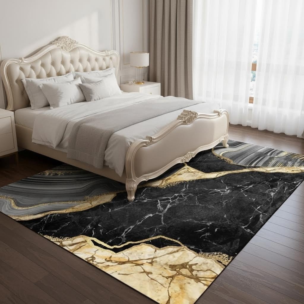 Black Gray Gold Cracked Marble Texture Area Rug 5x7 Modern Abstract Aesthetic Art Deco Machine Washable Rugs for Living Room Bedroom Guestroom Luxury Home Office Meetingroom Indoor Carpet Floor Mat