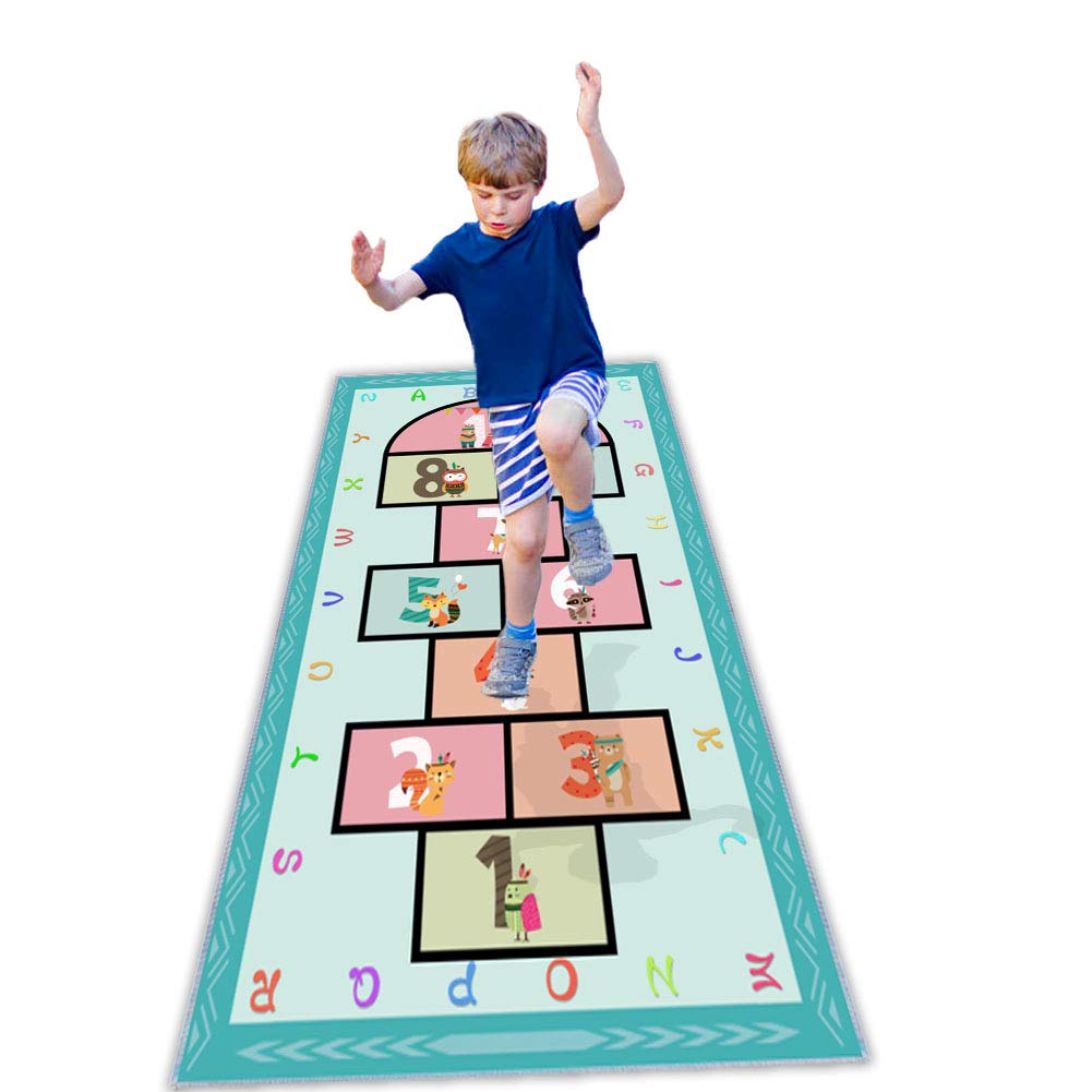 Hopscotch Rug 63”x31, Hop and Count Game Rug with Colorful Alphabet and Animals Design Anti-Slip Kids Play Mat, Soft Floor Area Rug & Carpet Playroom Bedroom Living Room