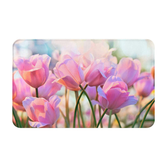 ALSILCPZ Pink Tulips in Flower Greenhouse Flannel Floor Mat Soft Plush Indoor Rug for Bedroom Living Room One Size