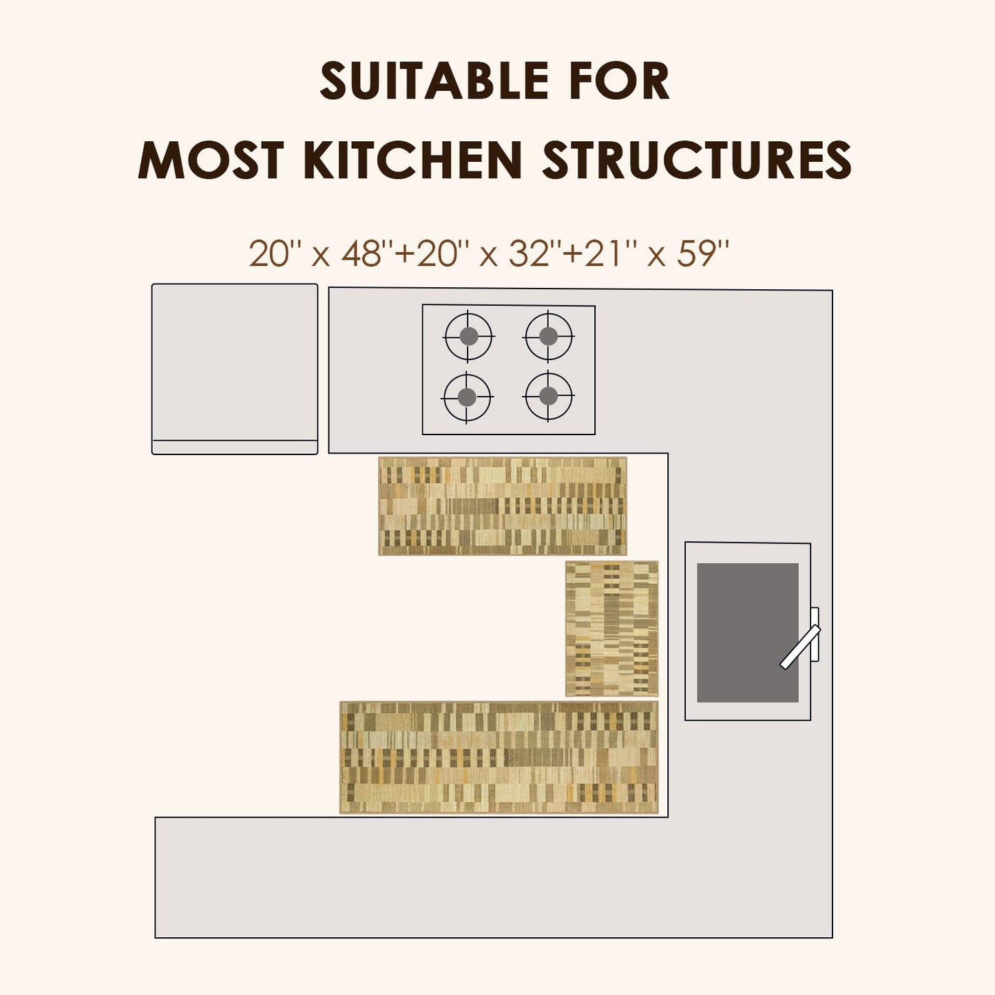 hicorfe Kitchen Runner Rugs,[No Crease] 3 Pieces Non Slip Kitchen Mats for Floor,Washable Kitchen Rugs,Geometric Floor Carpet for Hallways Entryway Laundry Room(20"x32"+20"x48"+21"x59" Brown)