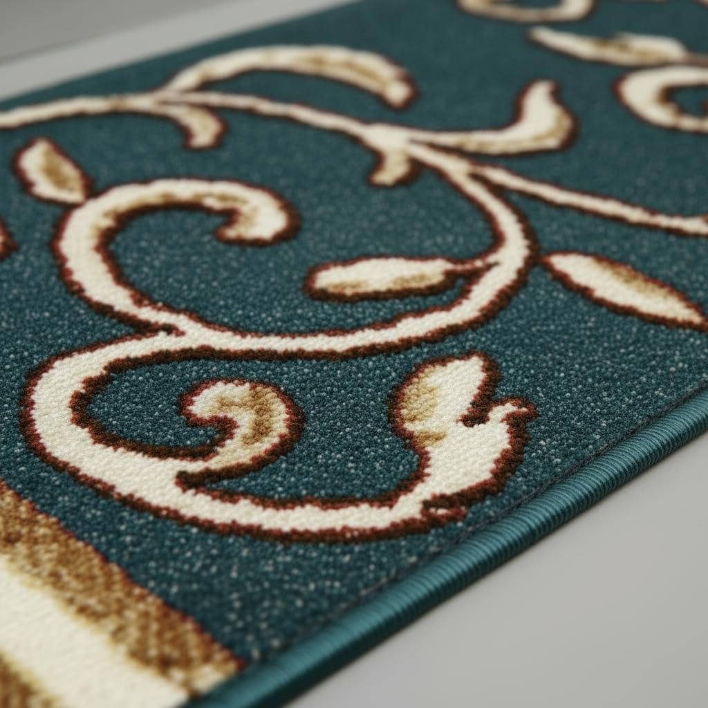 Gloria Non Slip Rubber Back Pet Friendly Floral Design Carpet Stair Treads Stairway mats (13, Greenish Teal)