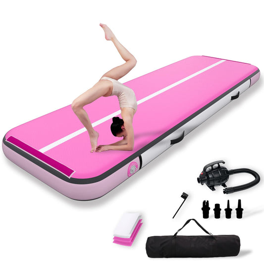 Inflatable Gymnastics Mat Tumble Track (8 Inches Thick) - 10ft Air Floor Training Mats for Home Use, Cheerleading, Water Fun & Camping - Includes 500W Electric Pump & Carbon Pattern Design, Pink