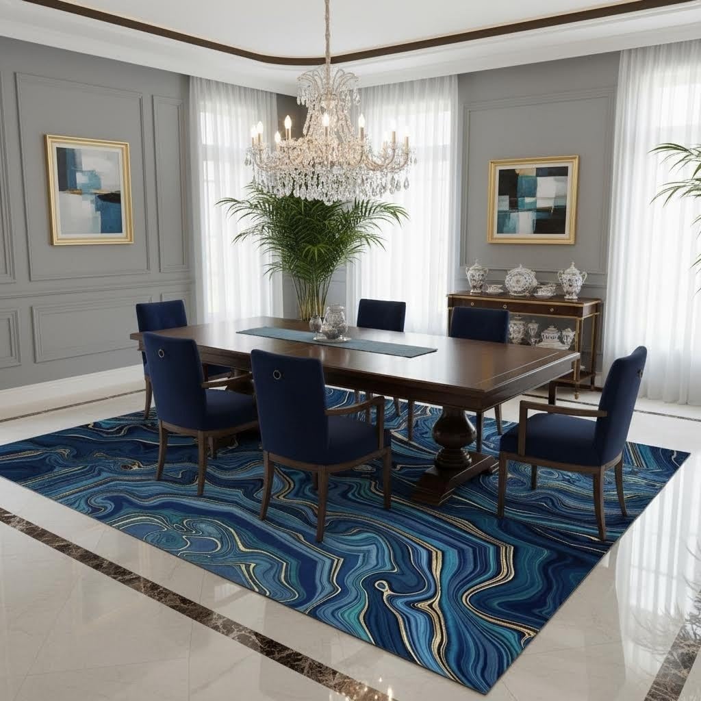 Marble Liquid Swirl Blue Gold Stripe Area Rug 7x10 Contemporary Abstract Art Decor Rug for Living Room Dining Room Playroom Soft Washable Carpet Luxury Chic Home Office Entryway Floor Rug Runner Mat
