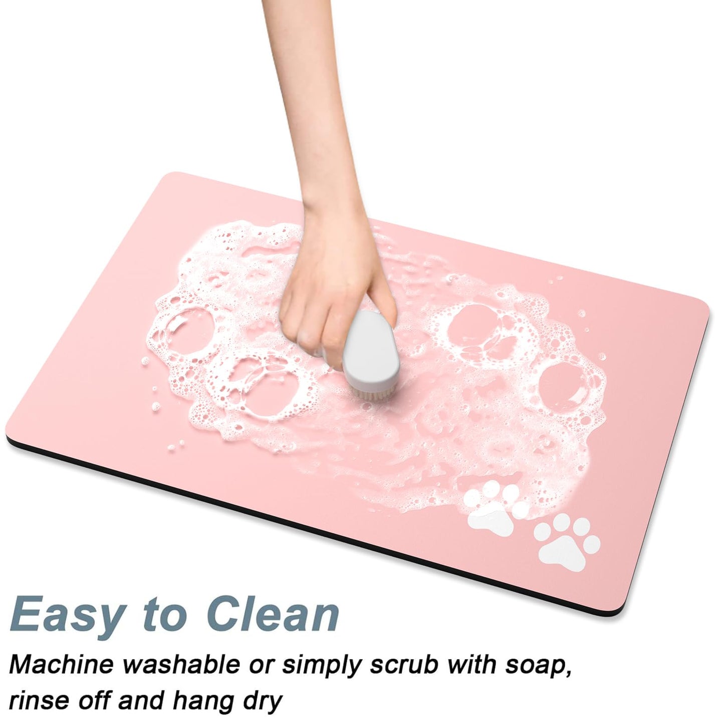 Rnivvi Dog Food Mat, 12" x 19" Footprint Absorbent Dog Cat Bowl Mat for Food and Water, Cute Anti-Slip Rubber Pet Feeding Rug Protect Floors, Puppy Placemat for Feeding & Watering Supplies, Pink