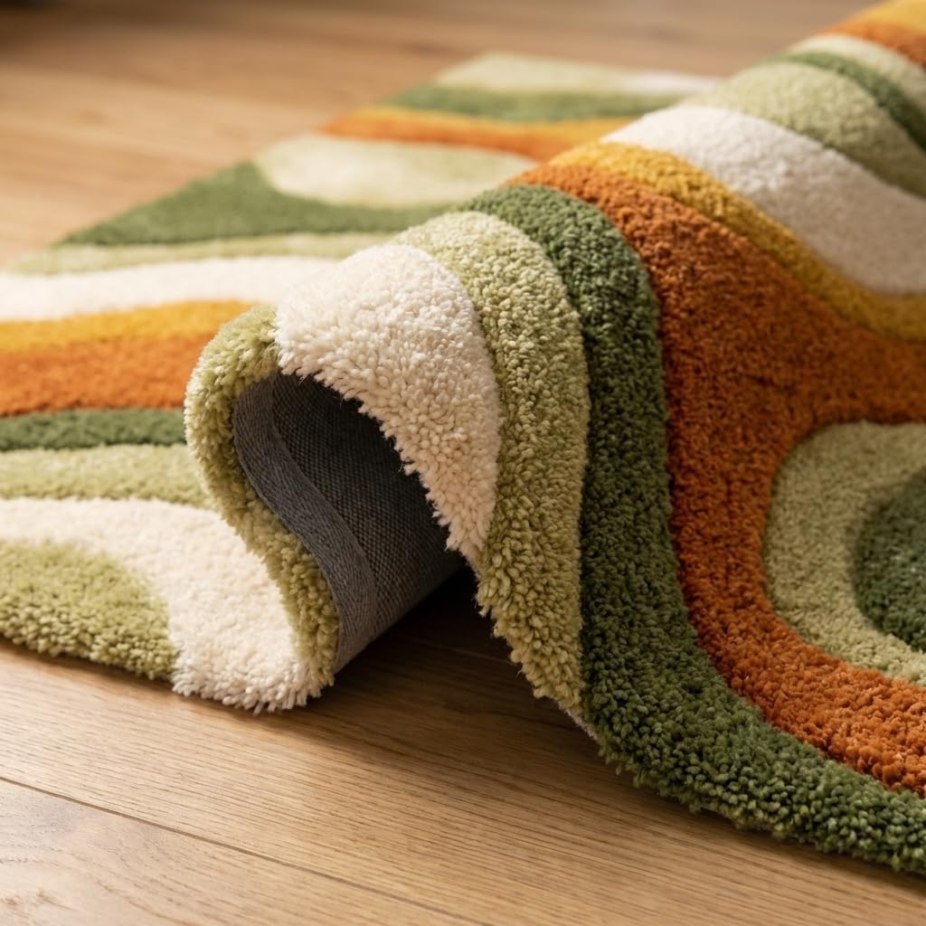 Hand Tufted Abstract Area Rug Wool Modern Wavy Pattern Carpet in Rust Orange Olive Green Cream for Living Room Bedroom Boho Decor Soft Plush Handmade Contemporary Floor Rug (2x2 ft / 60x60 cm)