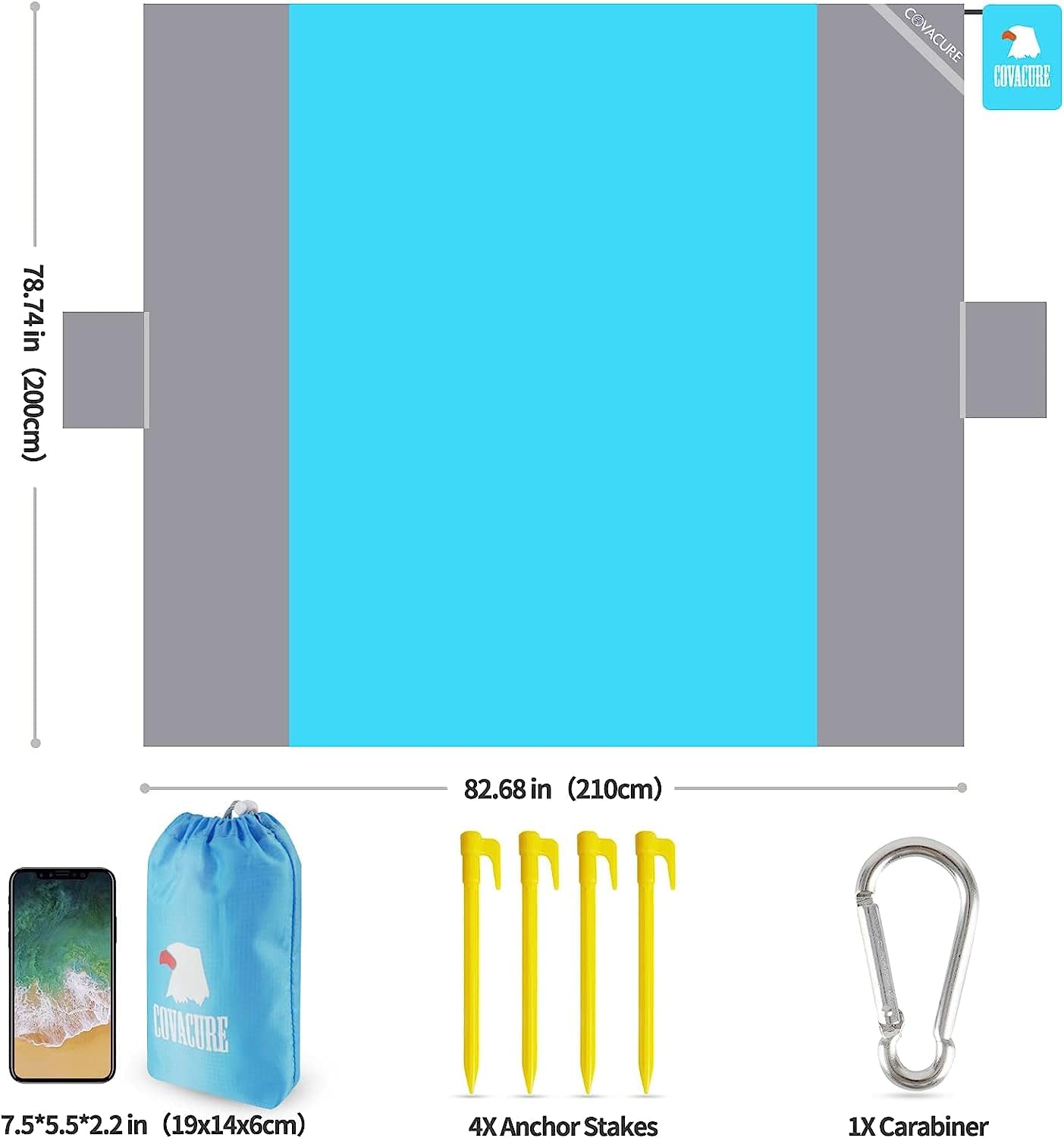 covacure Extra Large Beach Blanket Sandproof Waterproof - 108"x85" for 7-8 Adults, Oversized Portable Beach Mat with Zipper Pockets, Lightweight Durable Outdoor Accessories for Beach, Camping, Travel
