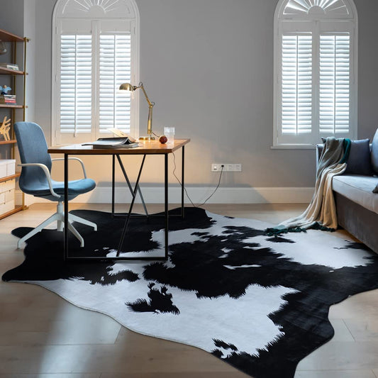 Rugoo Black Faux Cowhide 8.3 ft x 6.2 ft Cow Print Faux Animal Skin Faux Fur Rug for Living Room, Bedroom, Nursery