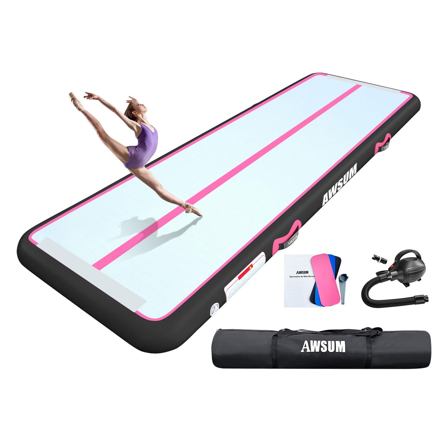 AWSUM Tumbling Mat 10ft/13ft/16ft/20ft Inflatable Gymnastics Air Mat 4/8 inches Thickness with Electric Pump for Home Use/Gym/Outdoor Pink/Black