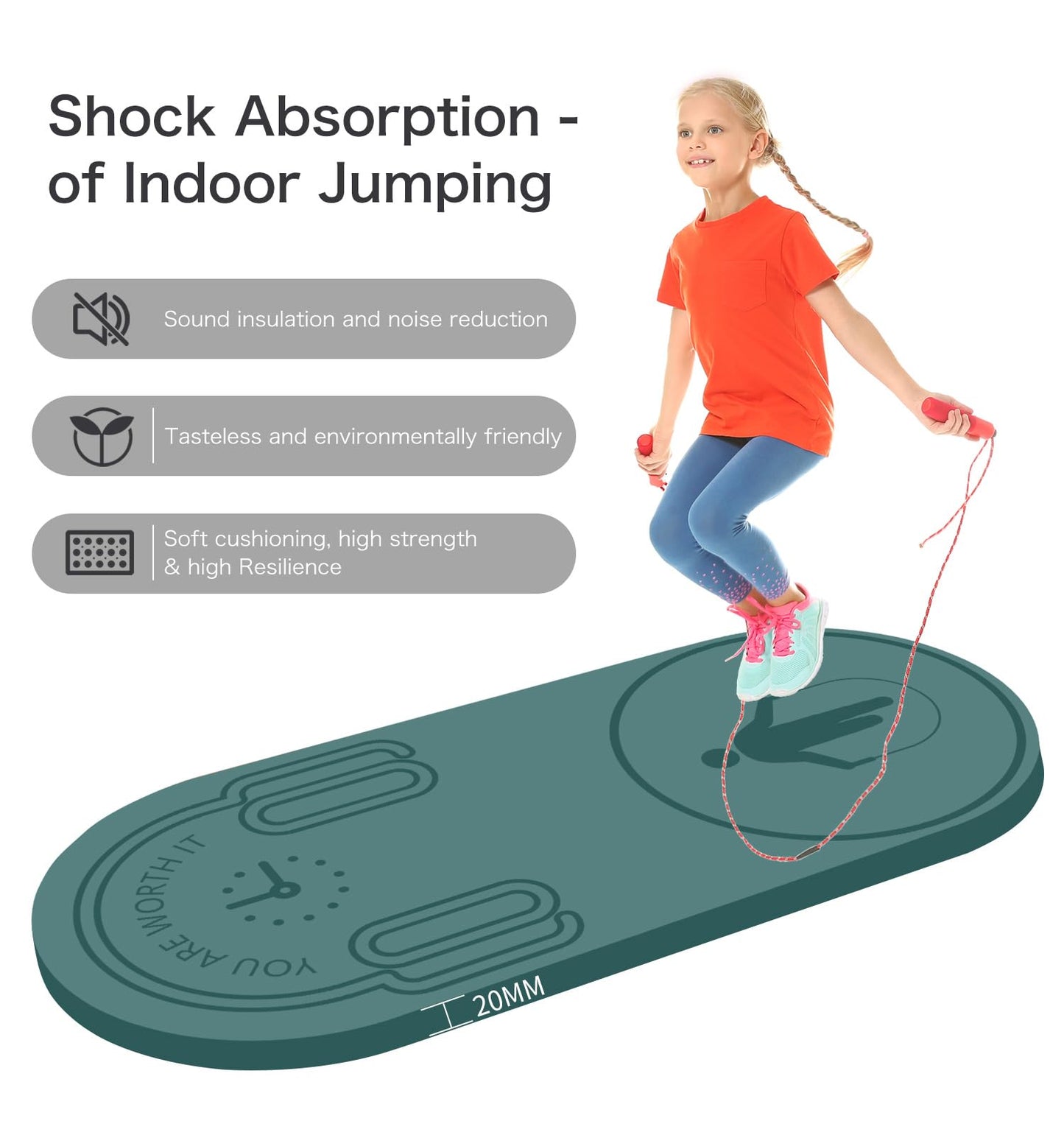 LERYG 8/20/30mm Jump Rope Mat Fitness Exercise Mat Durable, Non-Slip, Workout Mats with Jump Rope & Carrying Bag for Home Gym Flooring in Green(55"x 24")