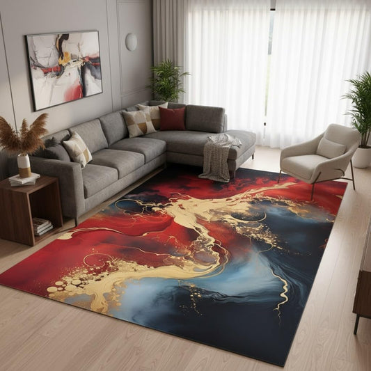 Red Navy Gold Marble Swirl Modern Abstract Soft Wool Area Rug 3x5 Non Shedding Luxury Aesthetic Living Room Bedroom Guestroom Rug Washable No Slip Diningroom Office Dorm Kitchen Floor Carpet