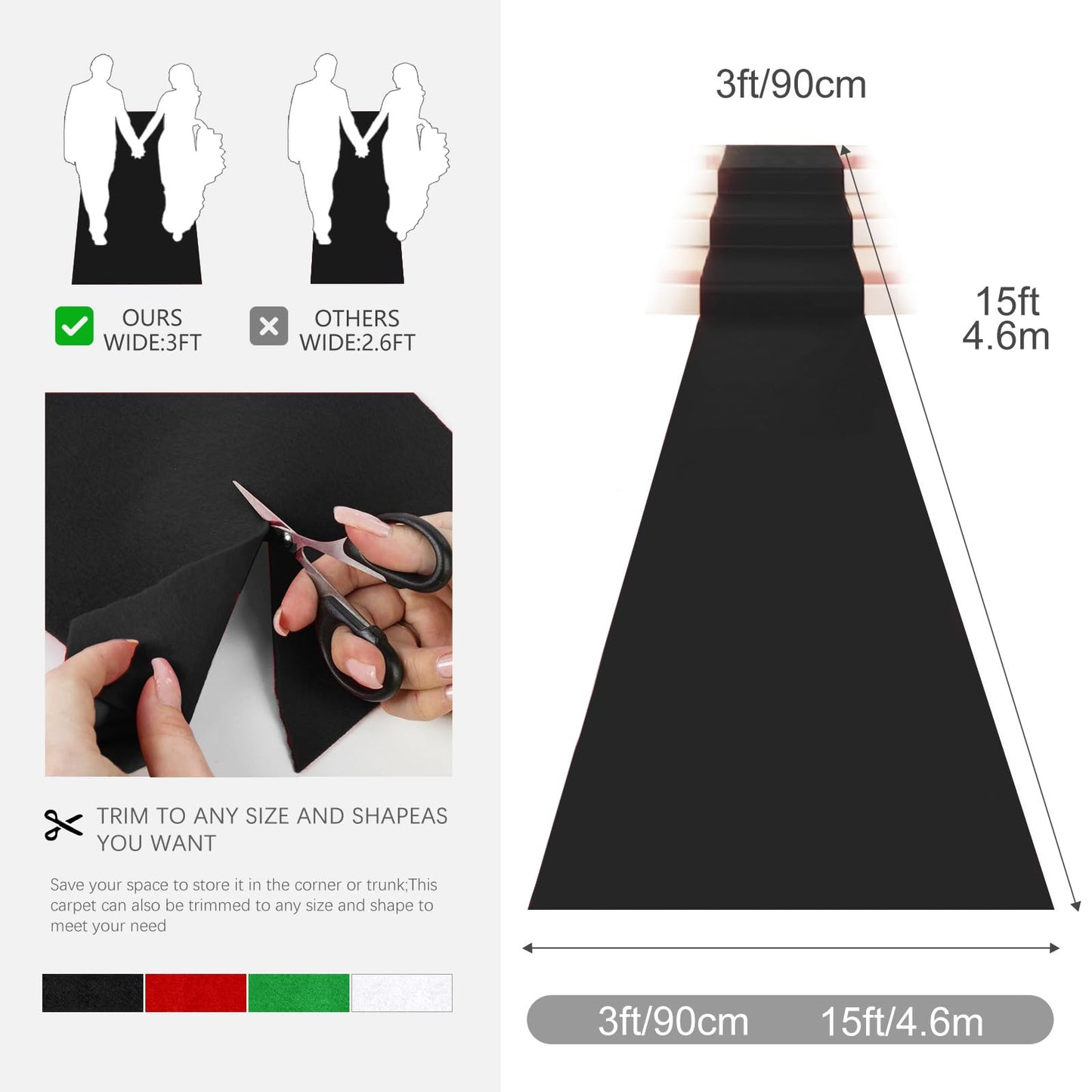 VOK Black Aisle Runner Carpet Rugs for Partys & Events, Premium 160 GSM Felt Non-Woven Fabric Runway Rug for Step, Ceremony Parties and Hollywood Oscars Runway (Black, 3X15 ft)