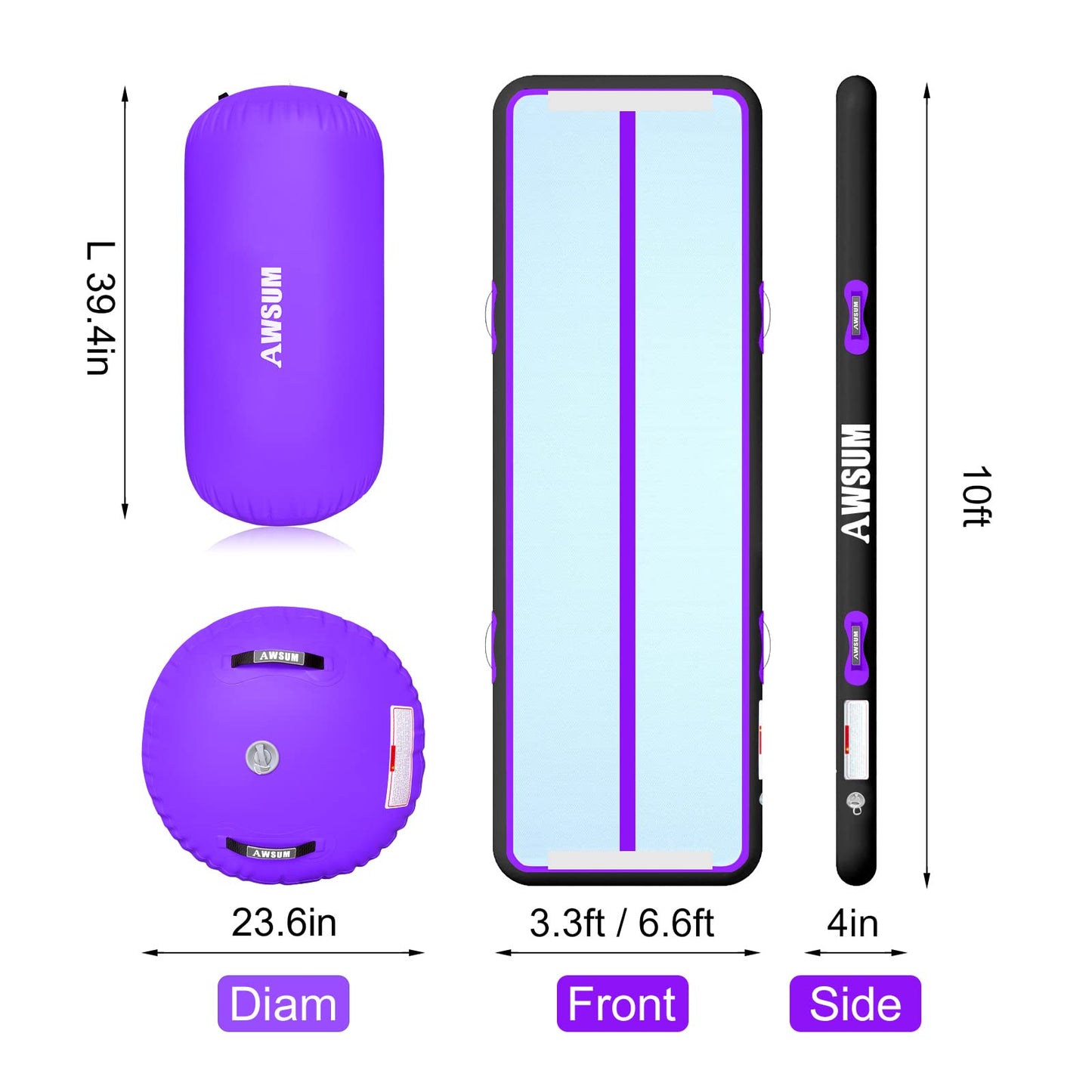 AWSUM Gymnastics Air Mat with Air Roller 4inches Thickness Inflatable Tumbling Mats Purple Gymnastics Barrel with Electric Pump for Home/Gym Use 10ft