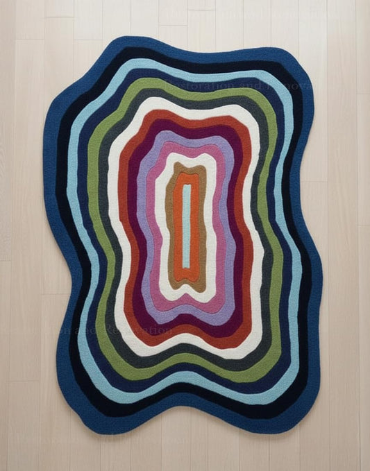 RUGORIA Restoration and Renovation Irregular Shaped Handmade Wool Rug | Modern Colourful Stripe Premium Area Rug Perfect for Home Decor (Blue Multi, 5' x 8')